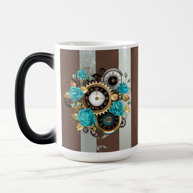 Steampunk Clock and Turquoise Roses on Striped Magic Mug (Left)
