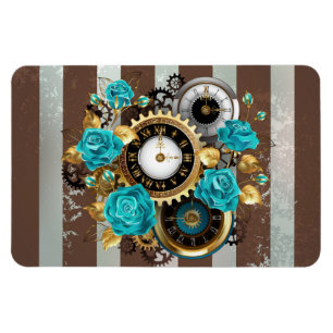 Steampunk Clock and Turquoise Roses on Striped Magnet