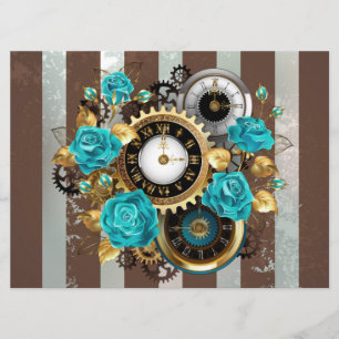 Steampunk Clock and Turquoise Roses on Striped Menu
