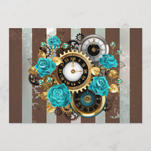 Steampunk Clock and Turquoise Roses on Striped Menu