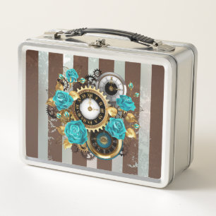 Steampunk Clock and Turquoise Roses on Striped Metal Lunch Box