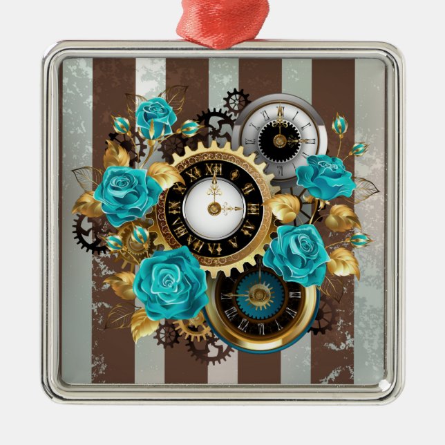 Steampunk Clock and Turquoise Roses on Striped Metal Ornament (Front)
