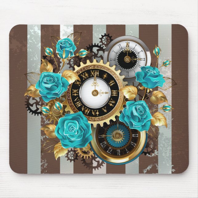 Steampunk Clock and Turquoise Roses on Striped Mouse Pad (Front)