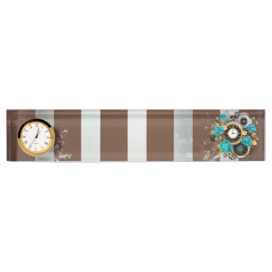 Steampunk Clock and Turquoise Roses on Striped Nameplate