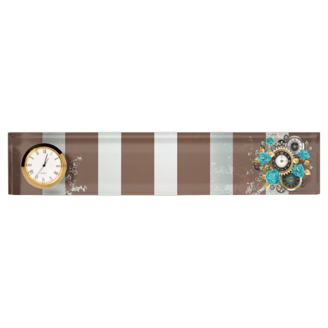 Steampunk Clock and Turquoise Roses on Striped Nameplate (Front)
