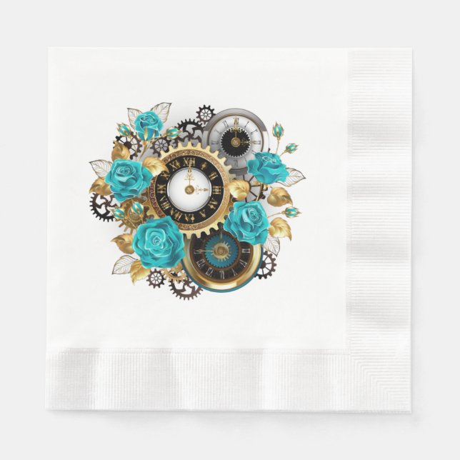 Steampunk Clock and Turquoise Roses on Striped Napkin (Front)