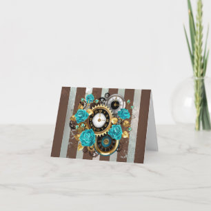 Steampunk Clock and Turquoise Roses on Striped Note Card