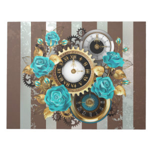 Steampunk Clock and Turquoise Roses on Striped Notepad
