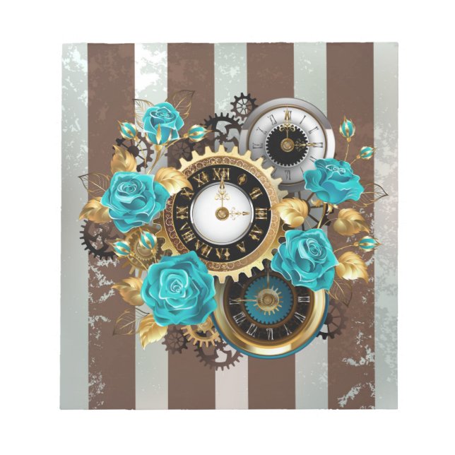 Steampunk Clock and Turquoise Roses on Striped Notepad (Front)