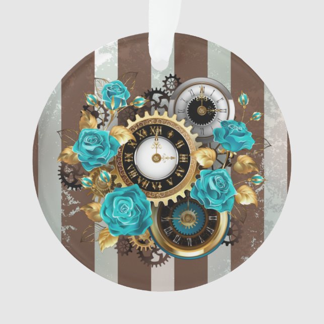 Steampunk Clock and Turquoise Roses on Striped Ornament (Front)