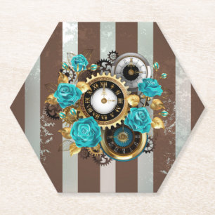 Steampunk Clock and Turquoise Roses on Striped Paper Coaster