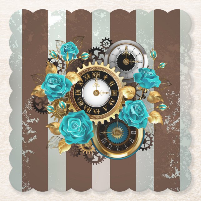 Steampunk Clock and Turquoise Roses on Striped Paper Coaster (Front)