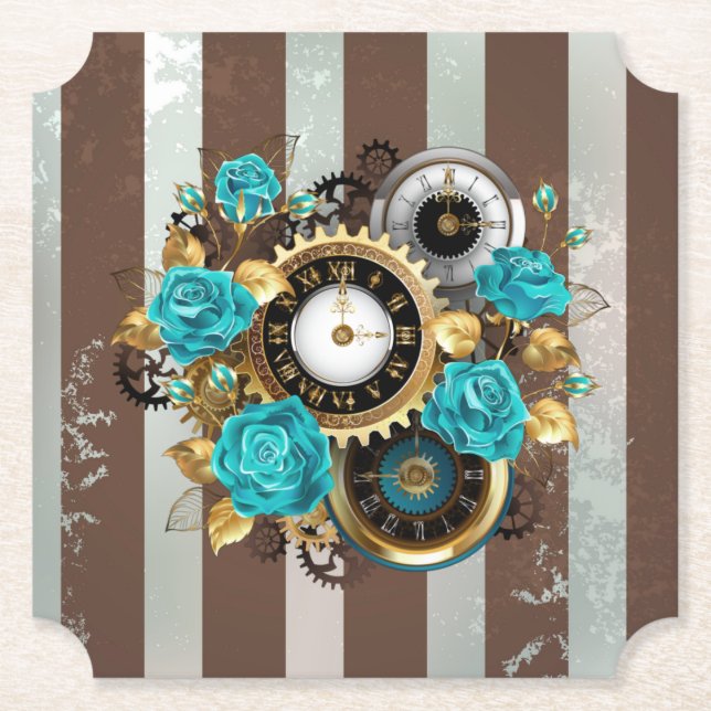 Steampunk Clock and Turquoise Roses on Striped Paper Coaster (Front)