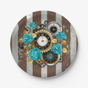 Steampunk Clock and Turquoise Roses on Striped Paper Plate