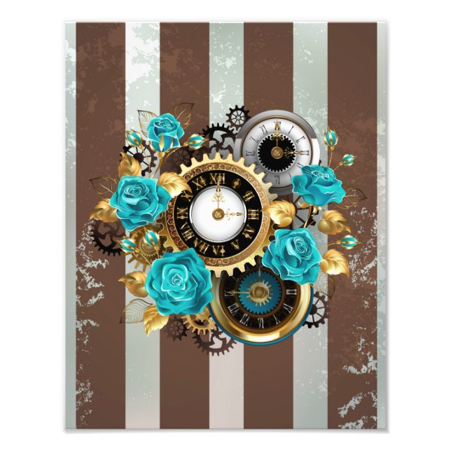 Steampunk Clock and Turquoise Roses on Striped Photo Print (Front)