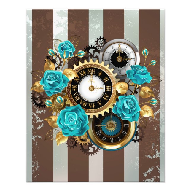 Steampunk Clock and Turquoise Roses on Striped Photo Print (Front)