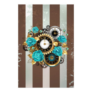 Steampunk Clock and Turquoise Roses on Striped Photo Print