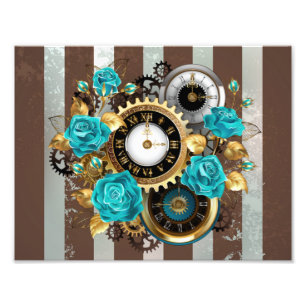 Steampunk Clock and Turquoise Roses on Striped Photo Print