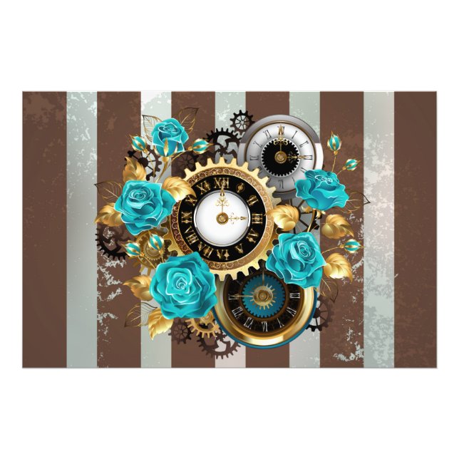 Steampunk Clock and Turquoise Roses on Striped Photo Print (Front)