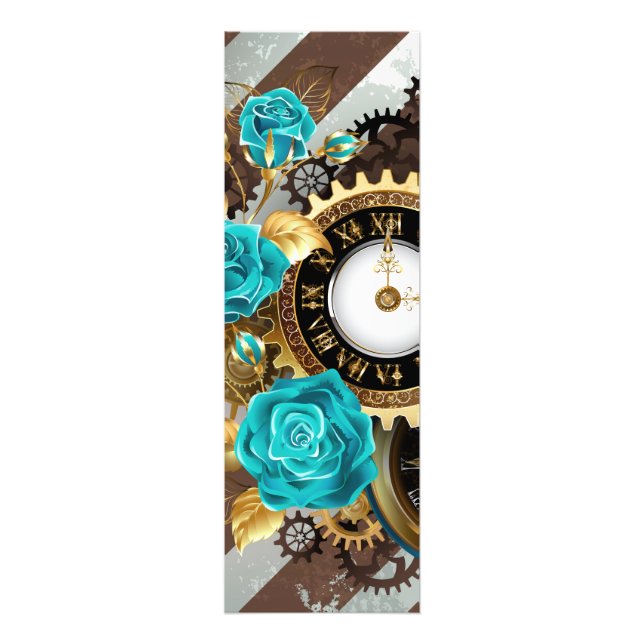 Steampunk Clock and Turquoise Roses on Striped Photo Print (Front)