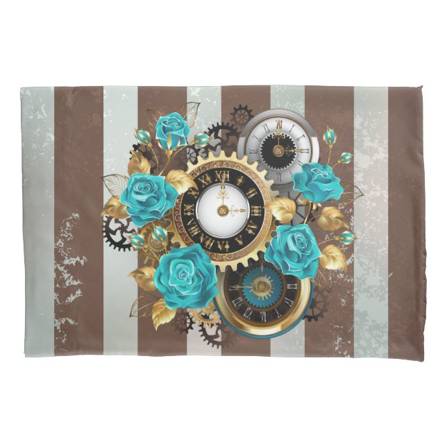 Steampunk Clock and Turquoise Roses on Striped Pillowcase (Front)