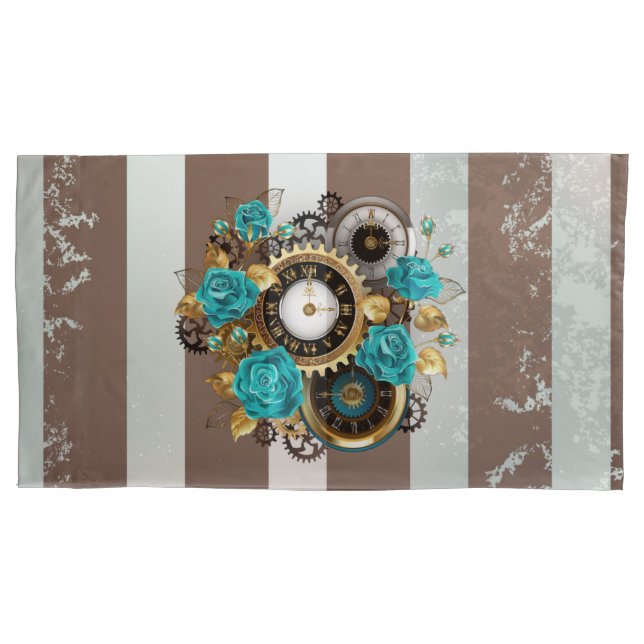 Steampunk Clock and Turquoise Roses on Striped Pillowcase (Front)
