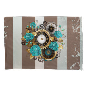 Steampunk Clock and Turquoise Roses on Striped Pillowcase