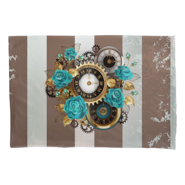 Steampunk Clock and Turquoise Roses on Striped Pillowcase (Front-Left)