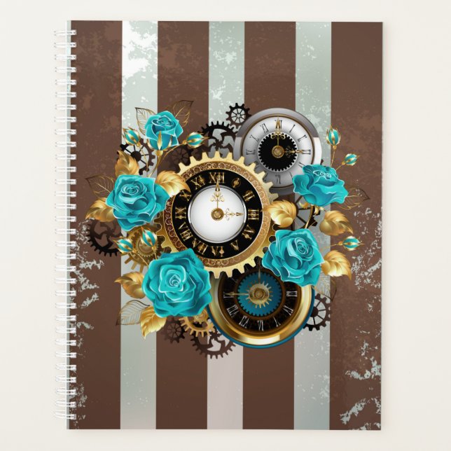 Steampunk Clock and Turquoise Roses on Striped Planner (Front)