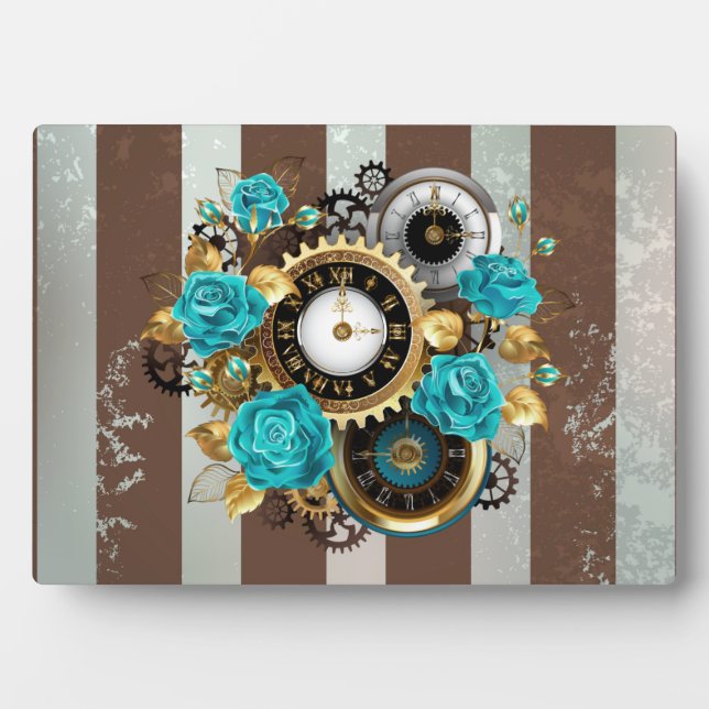 Steampunk Clock and Turquoise Roses on Striped Plaque (Front)