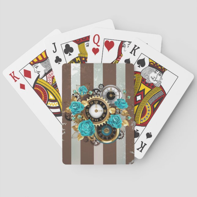 Steampunk Clock and Turquoise Roses on Striped Playing Cards (Back)