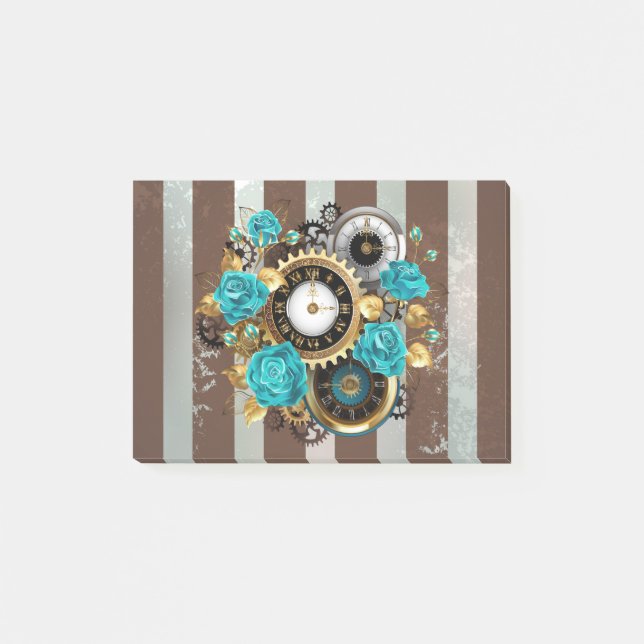 Steampunk Clock and Turquoise Roses on Striped Post-it Notes (Front)