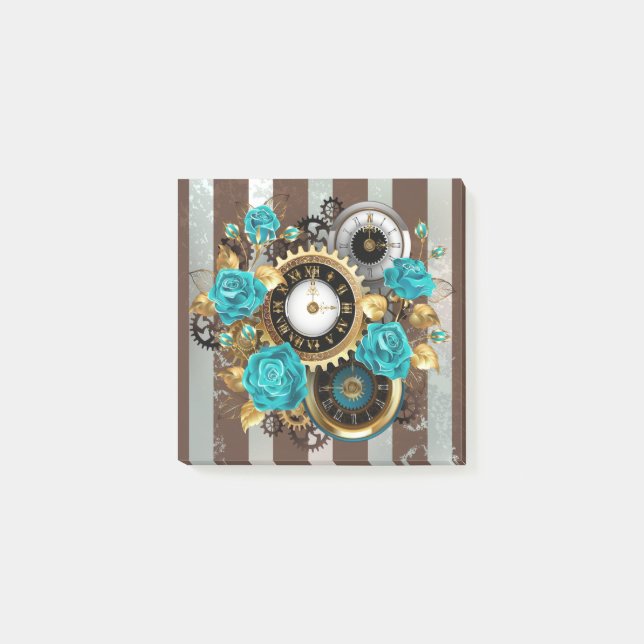Steampunk Clock and Turquoise Roses on Striped Post-it Notes (Front)