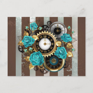 Steampunk Clock and Turquoise Roses on Striped Postcard