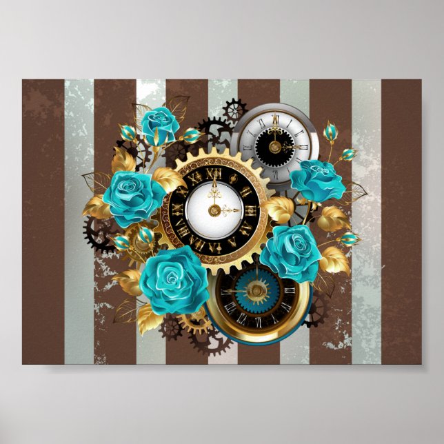 Steampunk Clock and Turquoise Roses on Striped Poster (Front)