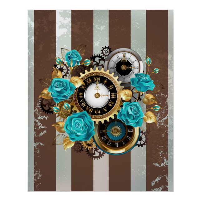 Steampunk Clock and Turquoise Roses on Striped Poster (Front)