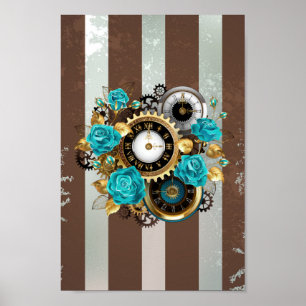 Steampunk Clock and Turquoise Roses on Striped Poster