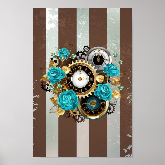 Steampunk Clock and Turquoise Roses on Striped Poster (Front)