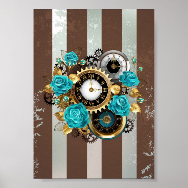 Steampunk Clock and Turquoise Roses on Striped Poster (Front)