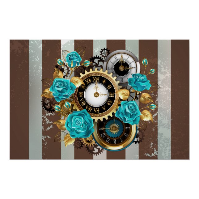 Steampunk Clock and Turquoise Roses on Striped Poster (Front)