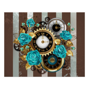 Steampunk Clock and Turquoise Roses on Striped Poster