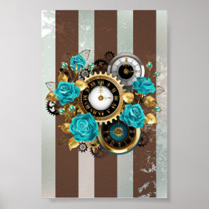 Steampunk Clock and Turquoise Roses on Striped Poster