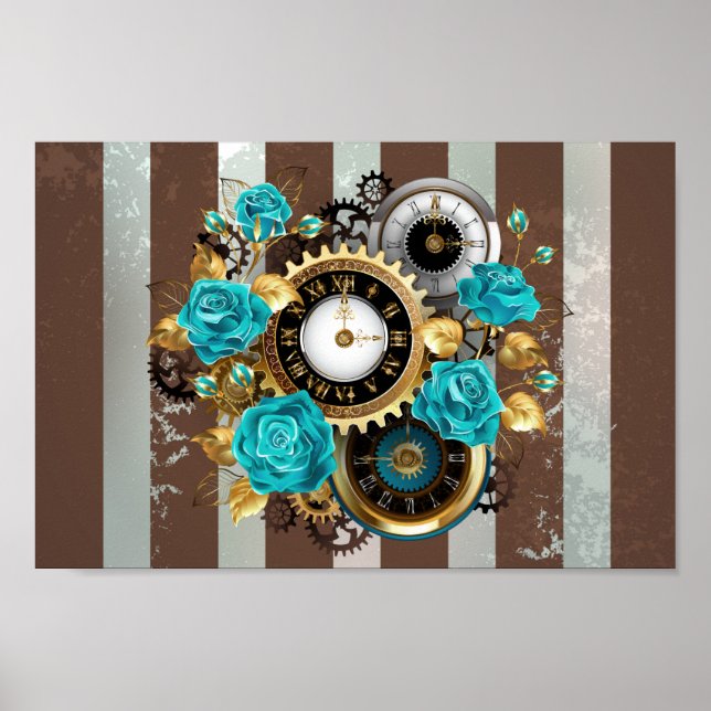 Steampunk Clock and Turquoise Roses on Striped Poster (Front)