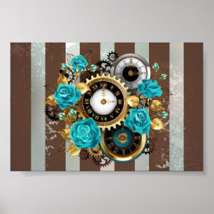 Steampunk Clock and Turquoise Roses on Striped Poster