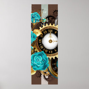 Steampunk Clock and Turquoise Roses on Striped Poster