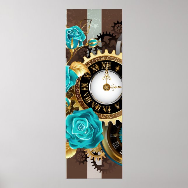Steampunk Clock and Turquoise Roses on Striped Poster (Front)
