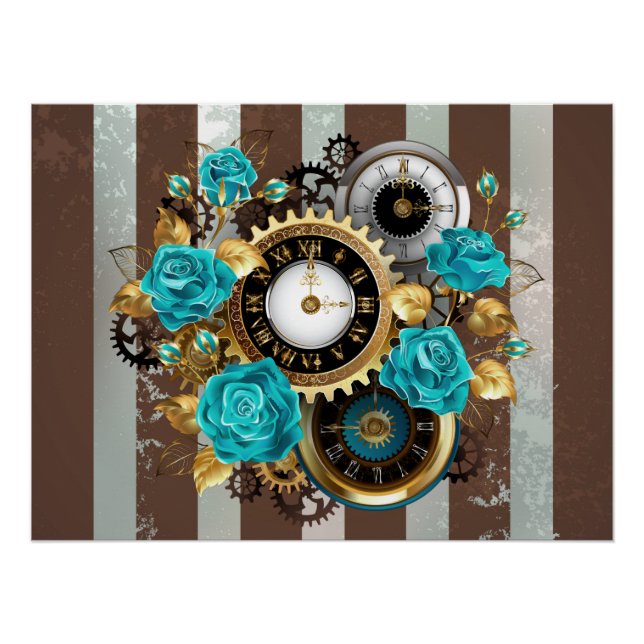 Steampunk Clock and Turquoise Roses on Striped Poster (Front)