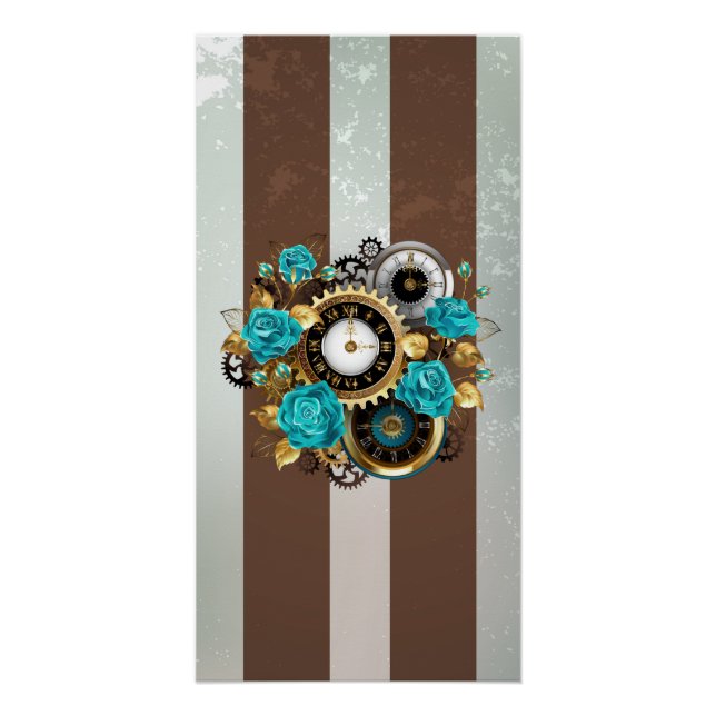 Steampunk Clock and Turquoise Roses on Striped Poster (Front)