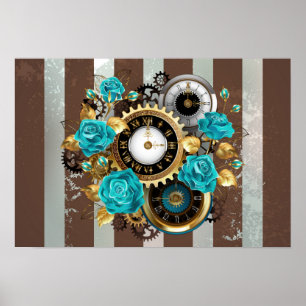 Steampunk Clock and Turquoise Roses on Striped Poster