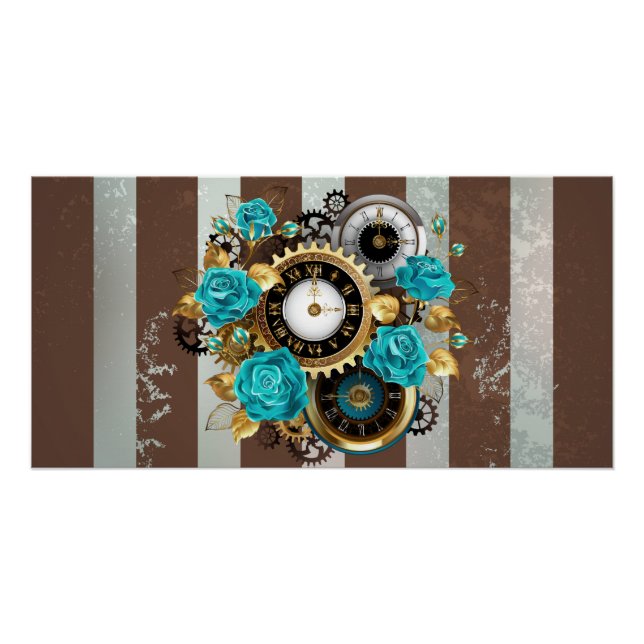 Steampunk Clock and Turquoise Roses on Striped Poster (Front)